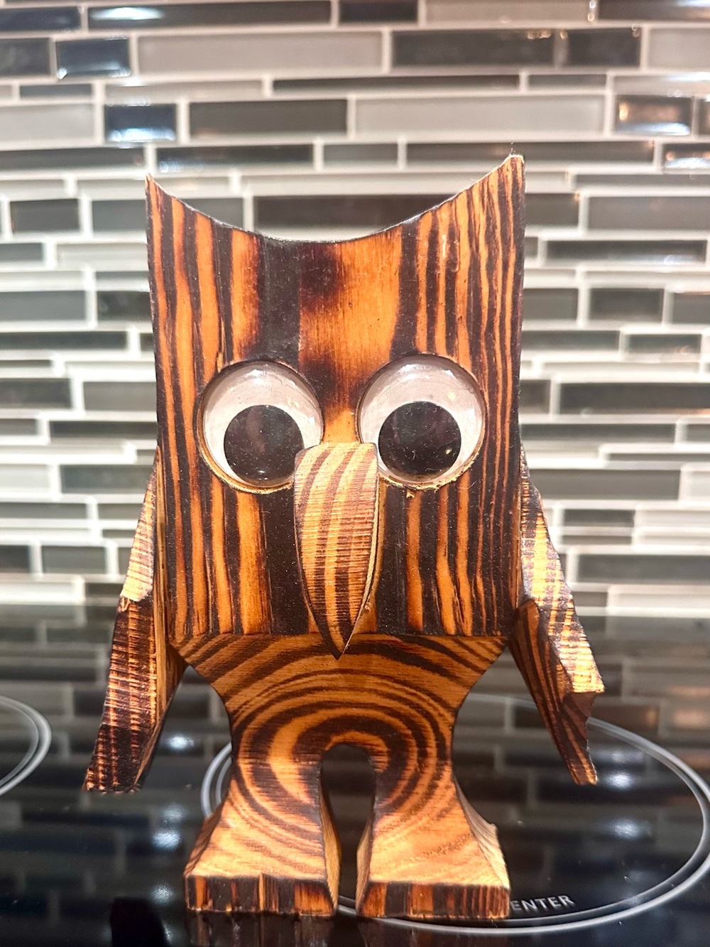 VTG MCM Burnt Wood Hand Carved Owl Figurine 1970's Witco Style Google Eyed 8"